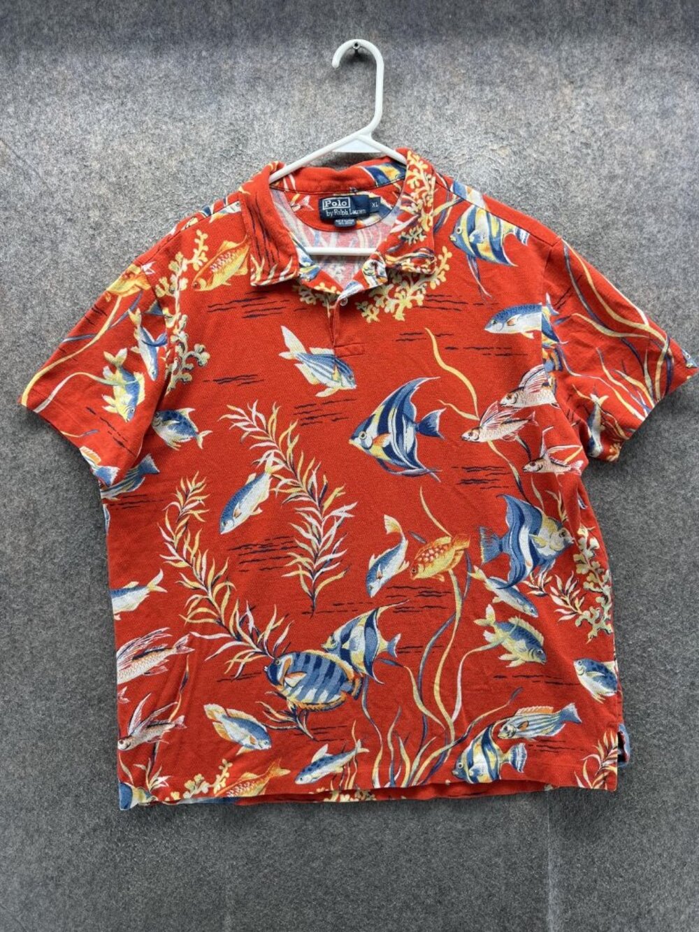 Polo By Ralph Lauren Polo Shirt Mens XL Orange Fish Print Tropical Ocean Vintage